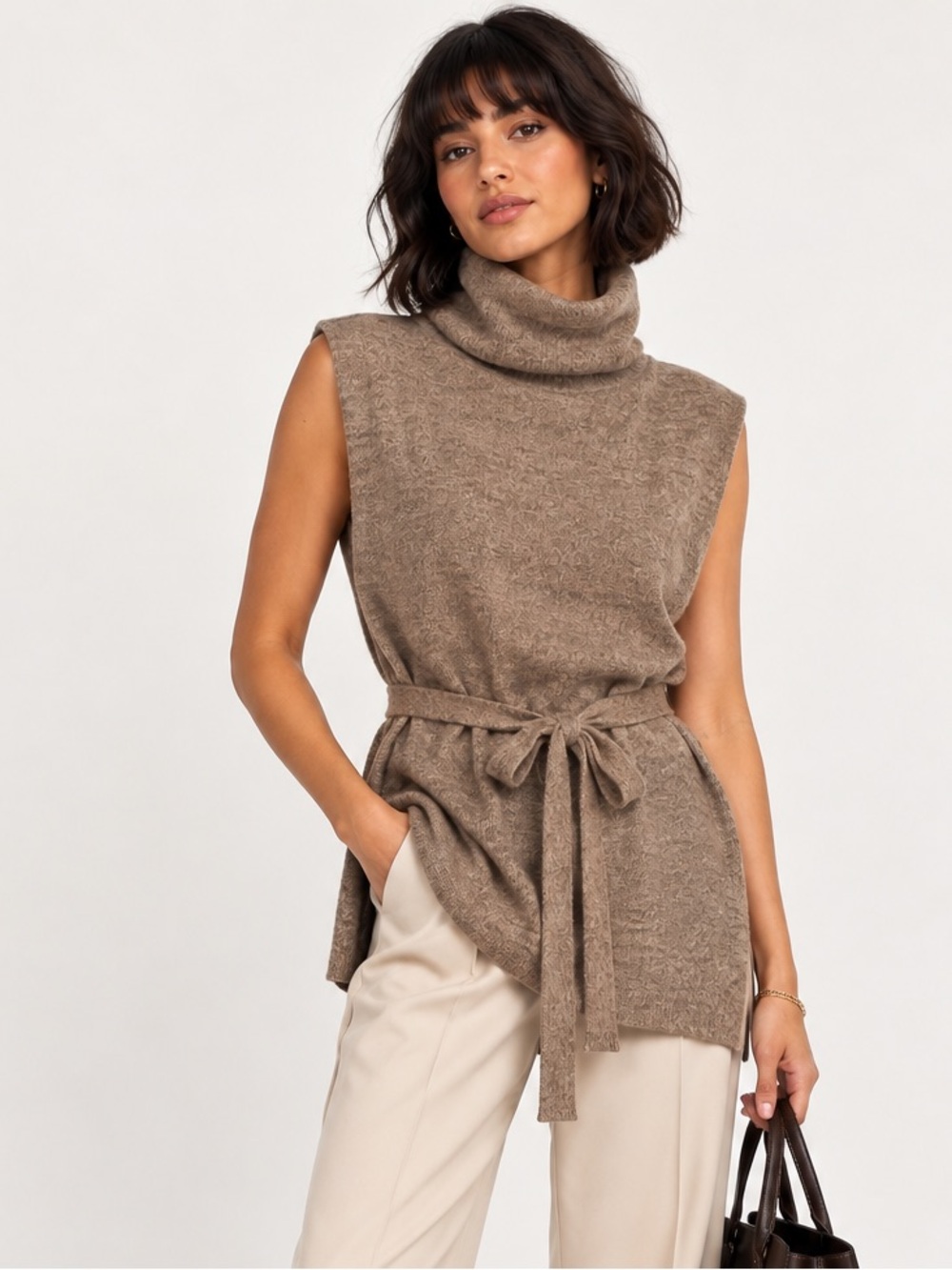 ZARA Sleeveless Belted Turtleneck Sweater Tunic Taupe Brown L NWT